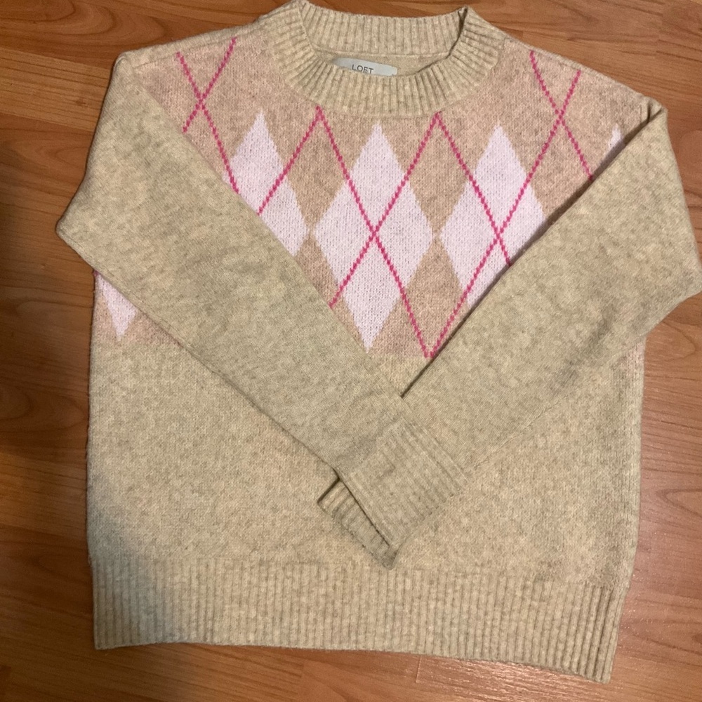 Loft Minimalist Preppy Argyle Knit Sweater Beige Neutral Women‎  XS